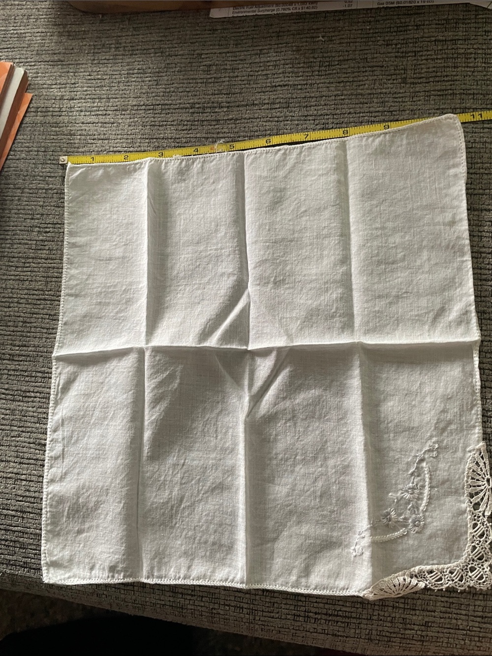 Vintage White Embroidered Linen Handkerchief with Crochet Corner